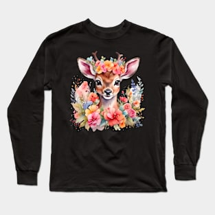 A baby deer decorated with beautiful watercolor flowers Long Sleeve T-Shirt